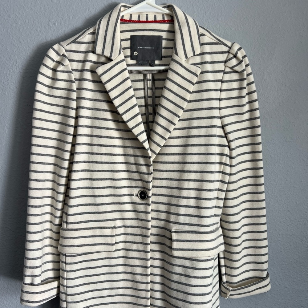 Anthropologie Francoise Cream And Gray Striped Blazer Longline Single